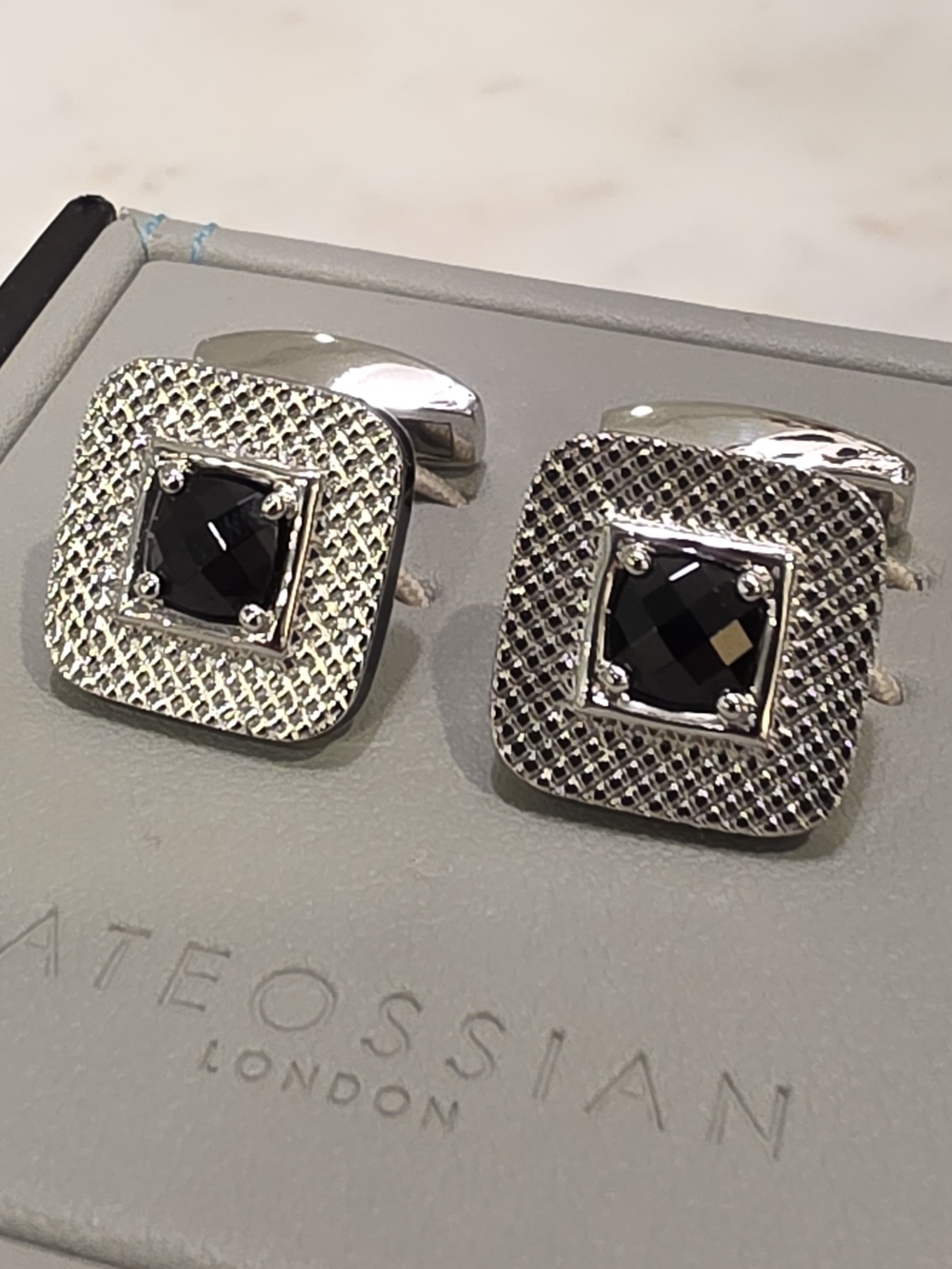 Tateossian Silver Textured Square Cufflinks with Black Faceted Stones